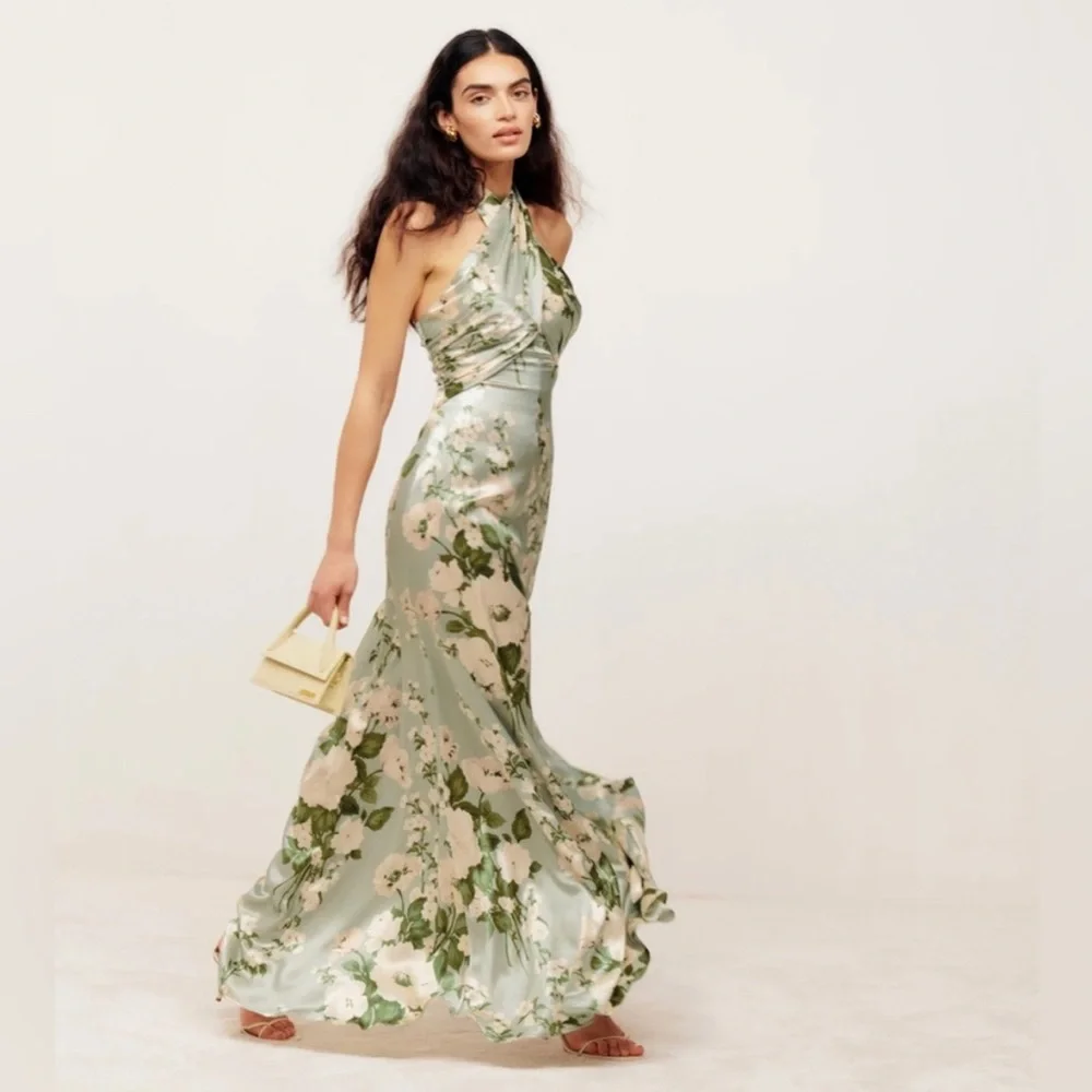reformation green floral silk dress Reformation Veria Floral Green Halter Maxi Dress Tarragon